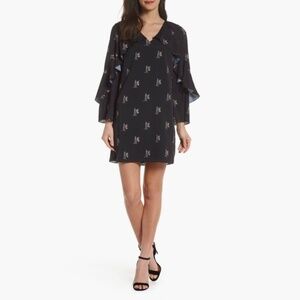 KOBI HALPERIN Ayana Ruffle Sleeve Black Floral Dress Cape Shift Dress Medium